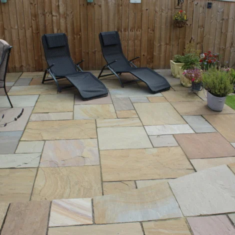 Harvest Classicstone pavers in warm browns and peachy-pinks, ideal for natural stone patio pavers, enhancing landscape and design with rustic charm.